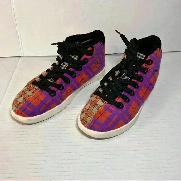 ALLBIRDS WOMENS SIZE 8 WOOL PIPER TARTAN PLAID BRIGHT COLORS PURPLE ORANGE FUNKY - Picture 1 of 10